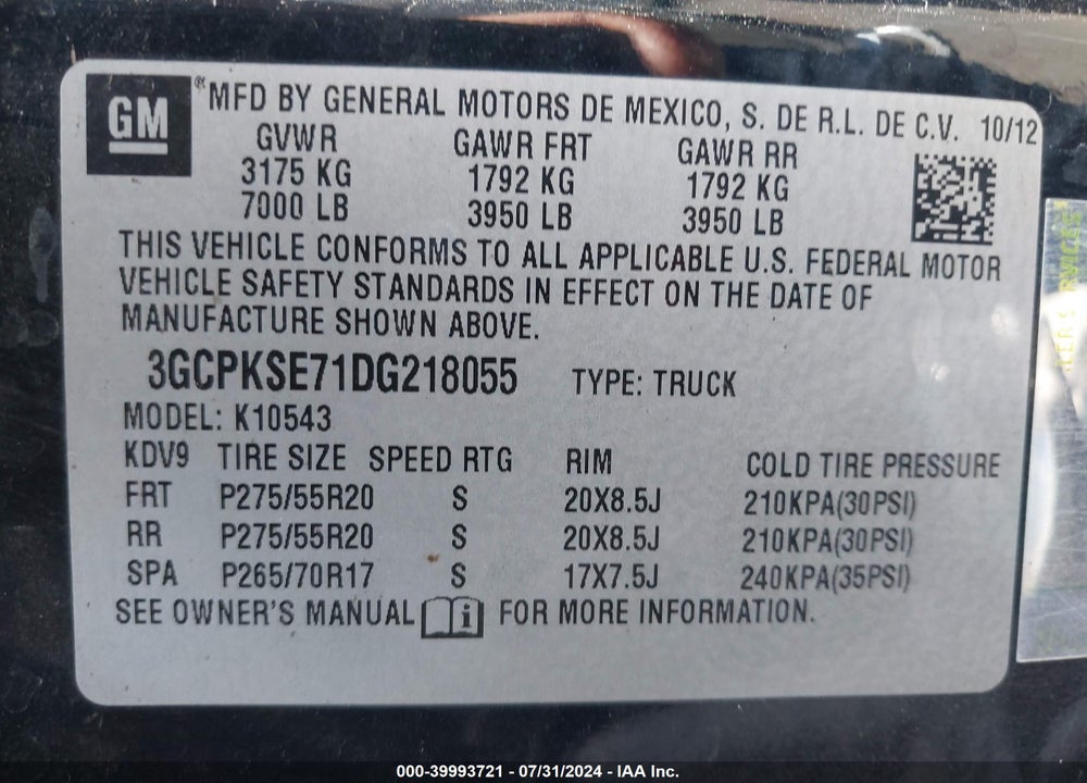 2013 CHEVROLET SILVERADO 1500 LT VIN: 3GCPKSE71DG218055