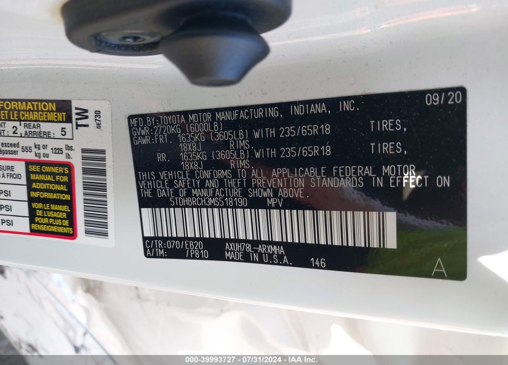 2021 TOYOTA HIGHLANDER HYBRID XLE VIN: 5TDHBRCH3MS518190