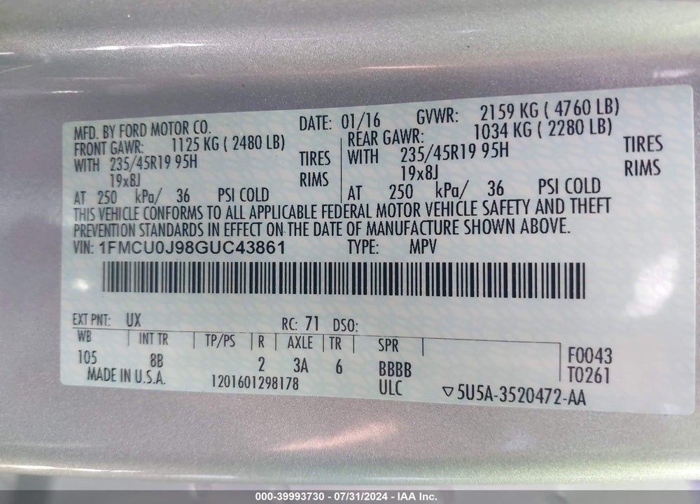 2016 FORD ESCAPE TITANIUM VIN: 1FMCU0J98GUC43861