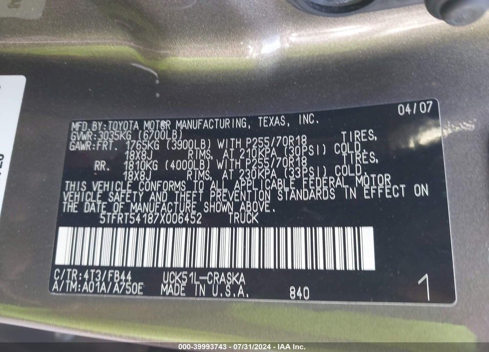 2007 TOYOTA TUNDRA SR5 4.7L V8 VIN: 5TFRT54187X006452