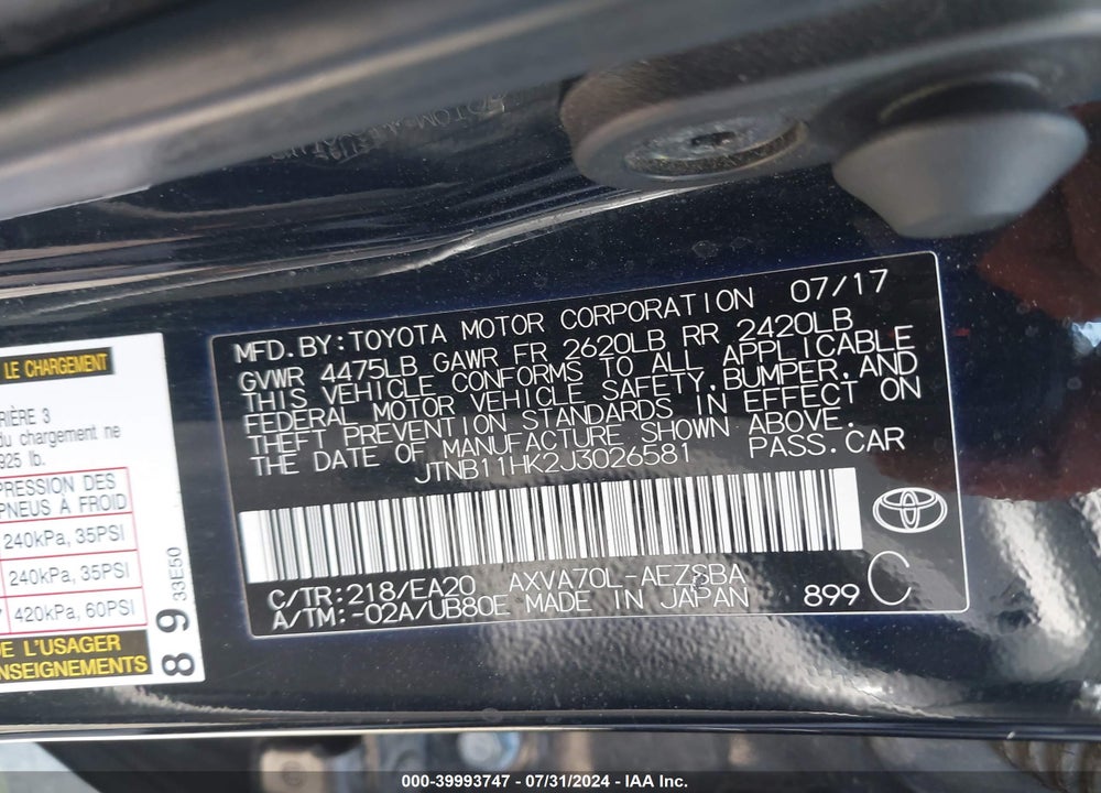 2018 TOYOTA CAMRY SE VIN: JTNB11HK2J3026581