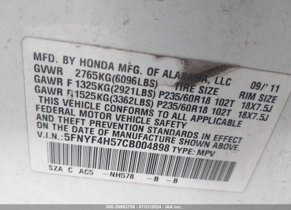2012 HONDA PILOT EX-L VIN: 5FNYF4H57CB004898