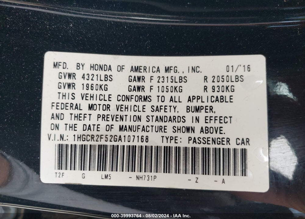 2016 HONDA ACCORD SPORT VIN: 1HGCR2F52GA107168