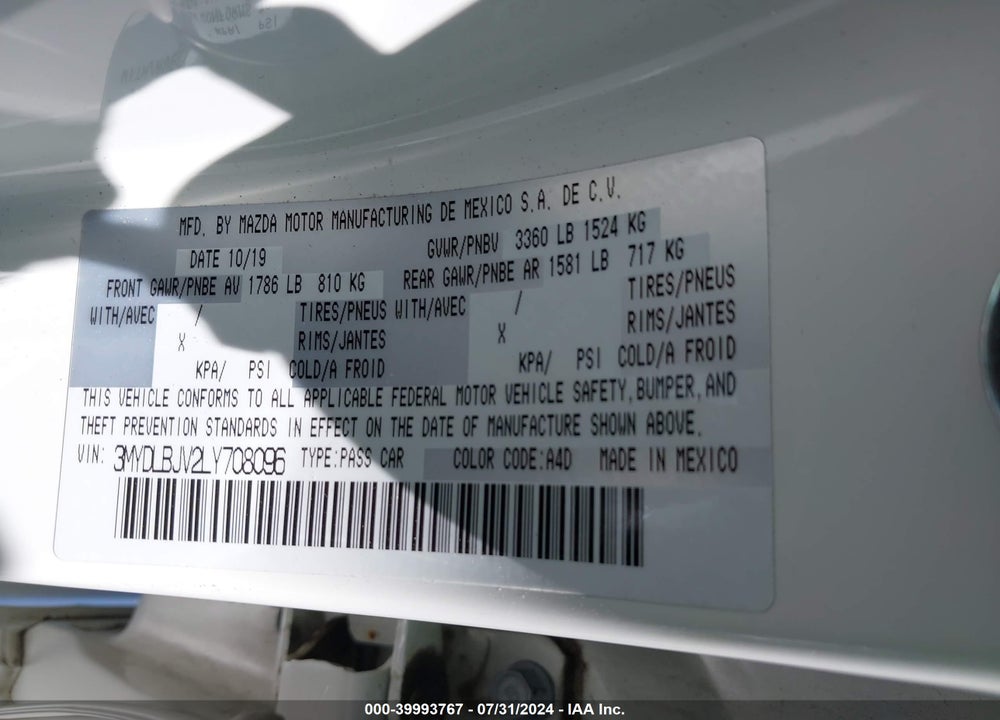 2020 TOYOTA YARIS LE VIN: 3MYDLBJV2LY708096