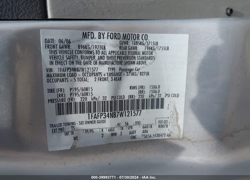 2007 FORD FOCUS S/SE/SES VIN: 1FAFP34N87W121577