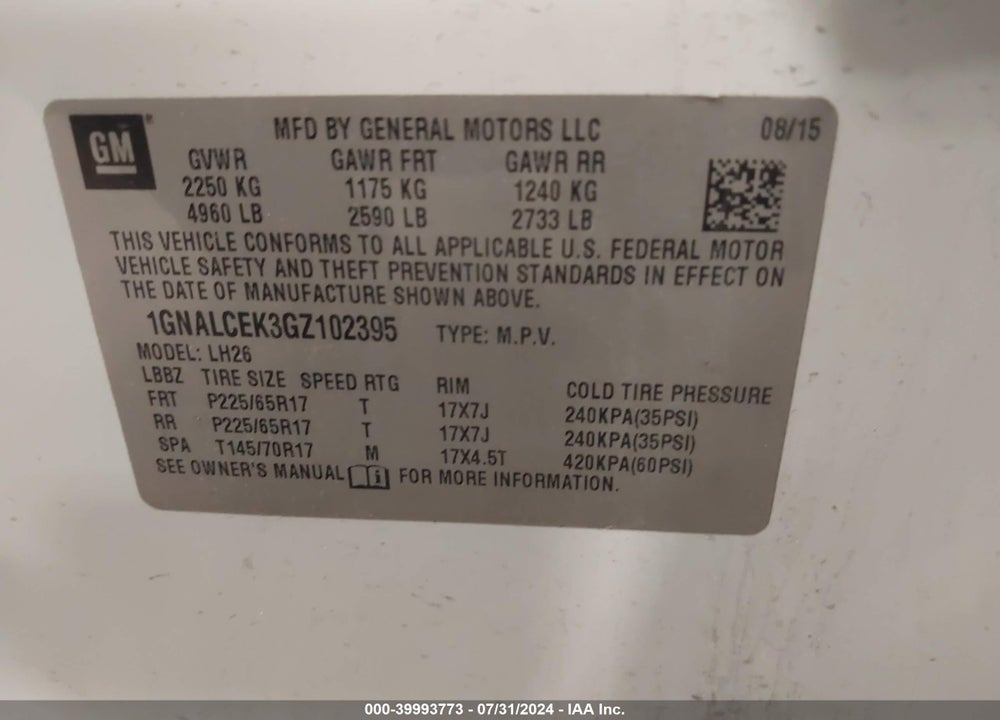 2016 CHEVROLET EQUINOX LT VIN: 1GNALCEK3GZ102395