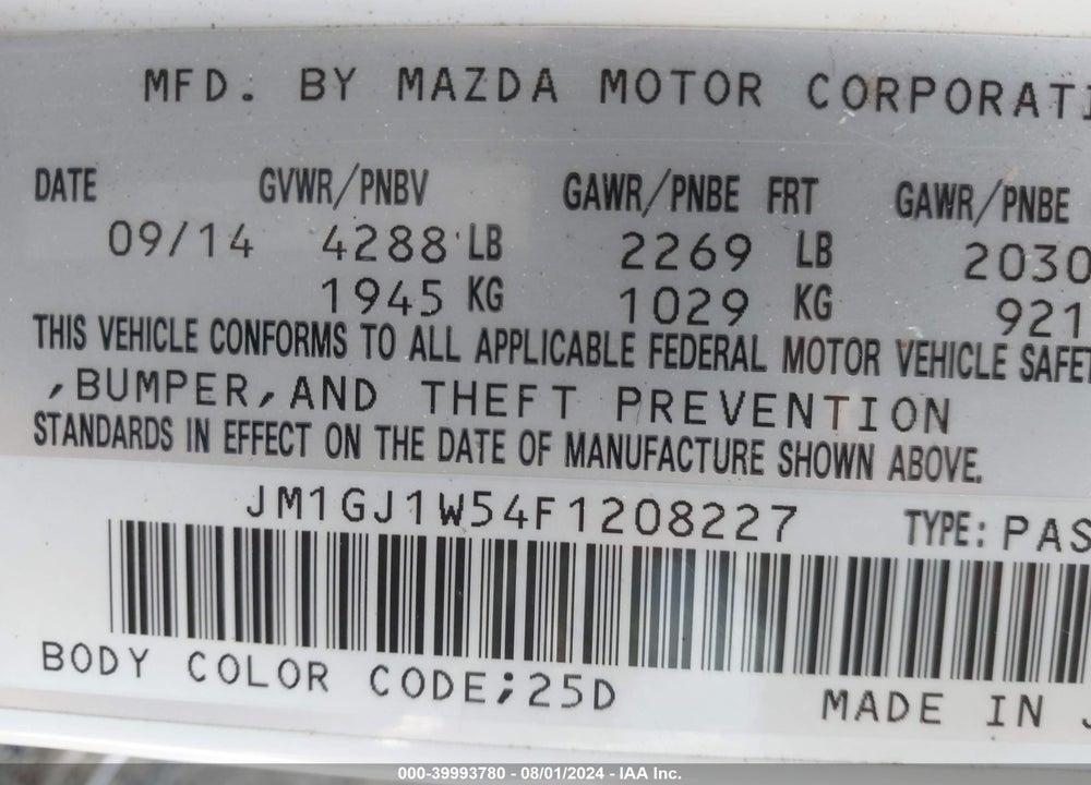 2015 MAZDA MAZDA6 VIN: JM1GJ1W54F1208227
