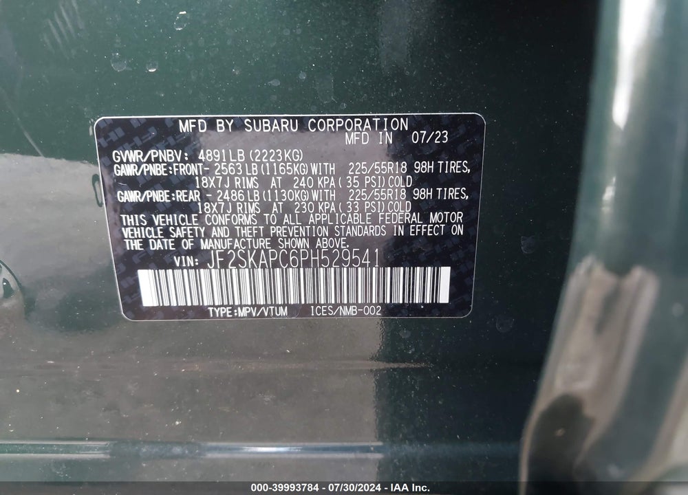 2023 SUBARU FORESTER LIMITED VIN: JF2SKAPC6PH529541
