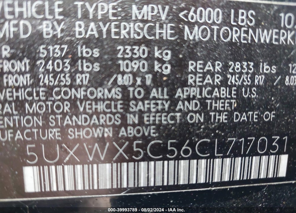 2012 BMW X3 XDRIVE28I VIN: 5UXWX5C56CL717031
