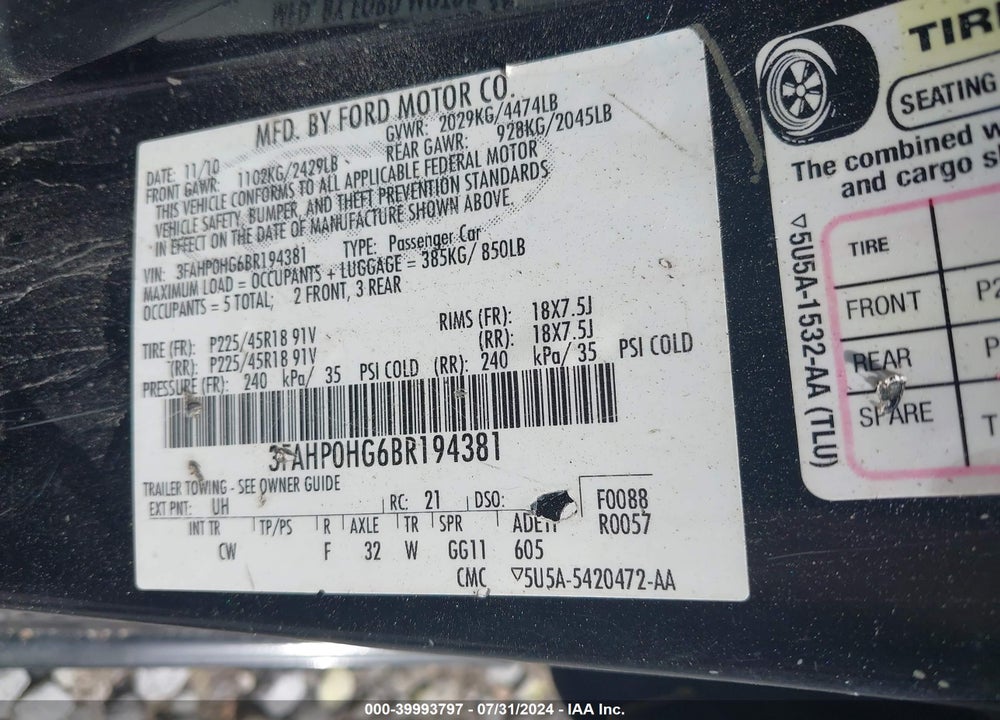 2011 FORD FUSION SE VIN: 3FAHP0HG6BR194381