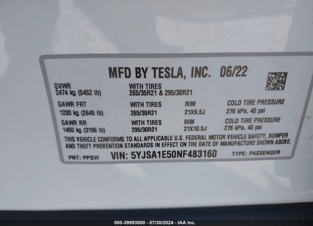 2022 TESLA MODEL S DUAL MOTOR ALL-WHEEL DRIVE VIN: 5YJSA1E50NF483160
