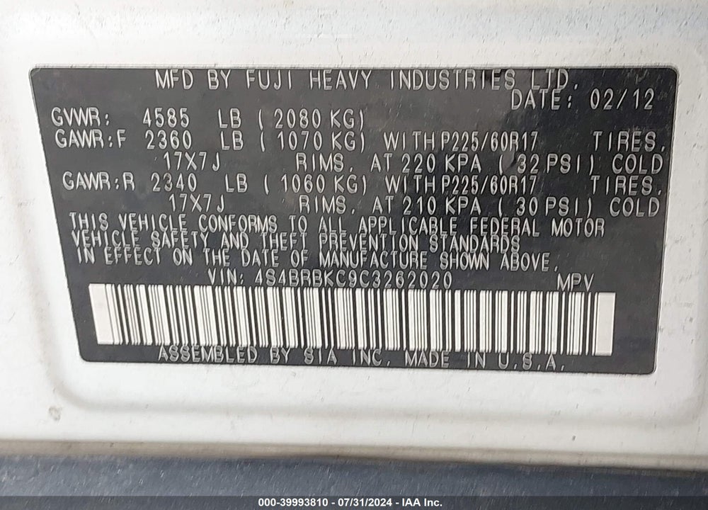 2012 SUBARU OUTBACK VIN: 4S4BRBKC9C3262020