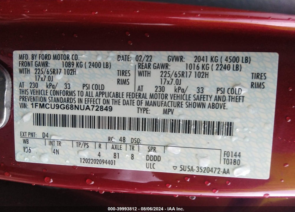 2022 FORD ESCAPE SE VIN: 1FMCU9G68NUA72849
