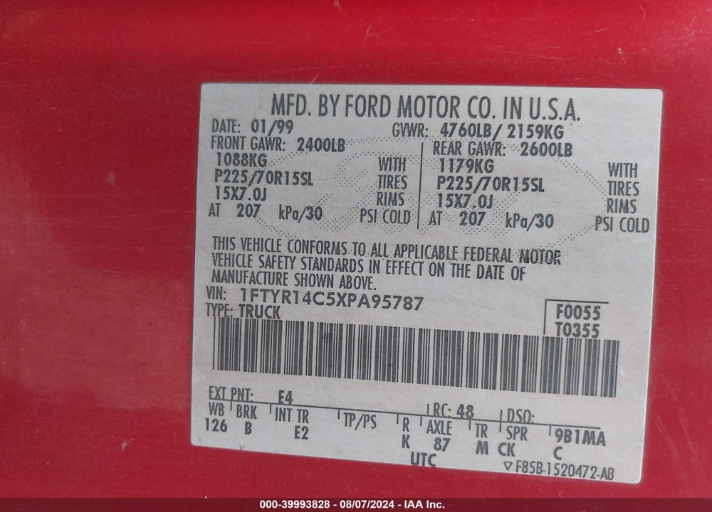 1999 FORD RANGER VIN: 1FTYR14C5XPA95787