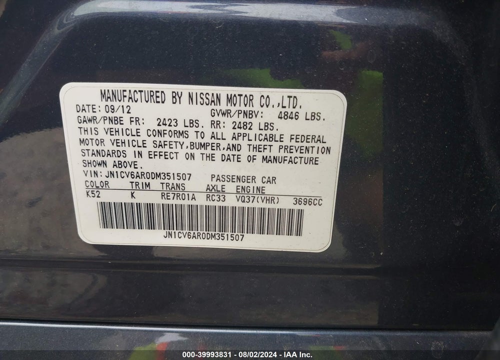 2013 INFINITI G37X VIN: JN1CV6AR0DM351507