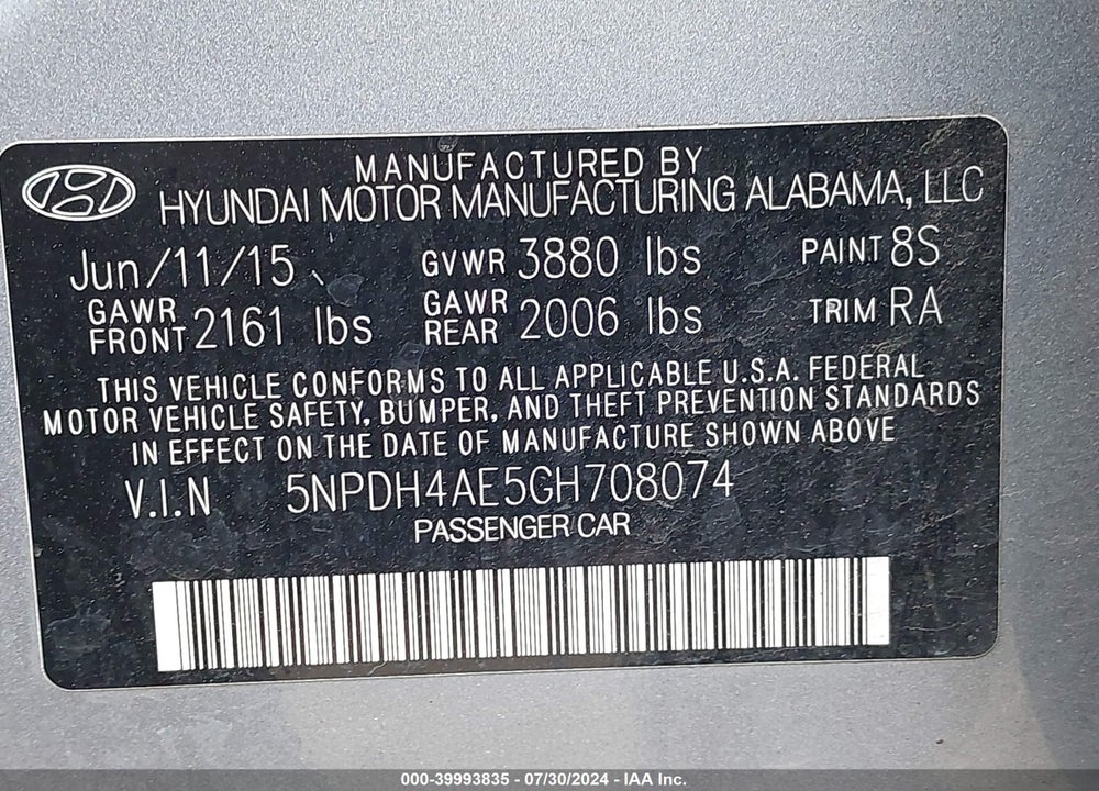 2016 HYUNDAI ELANTRA SE VIN: 5NPDH4AE5GH708074