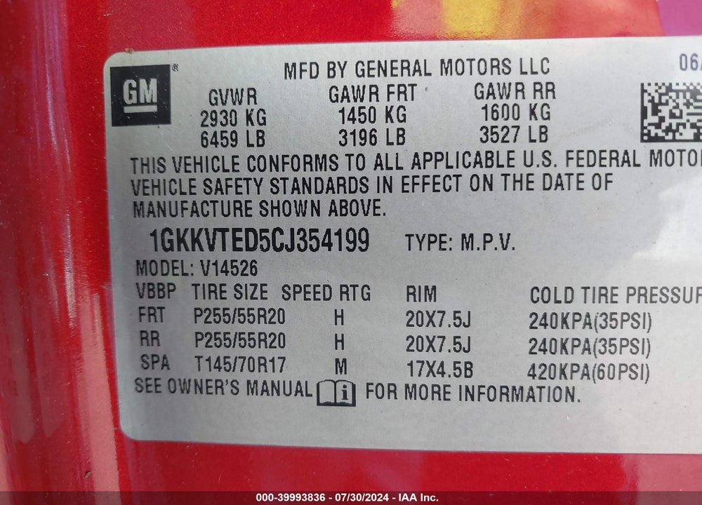 2012 GMC ACADIA DENALI VIN: 1GKKVTED5CJ354199