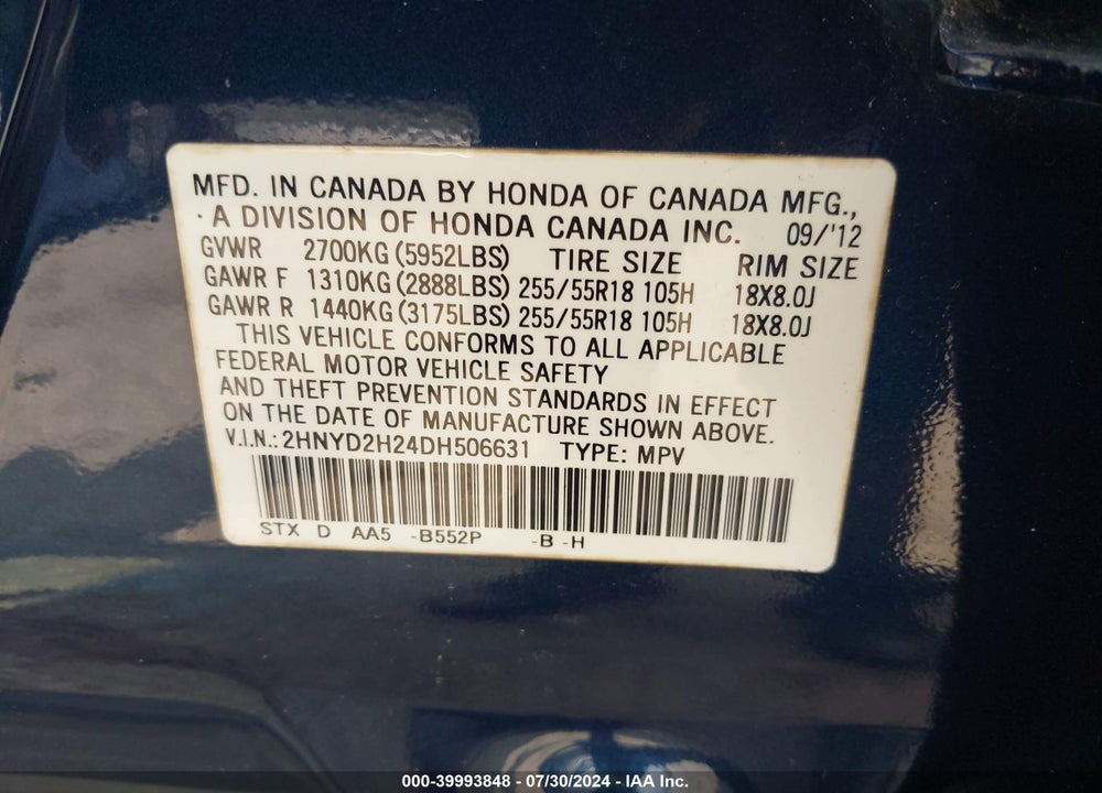 2013 ACURA MDX VIN: 2HNYD2H24DH506631