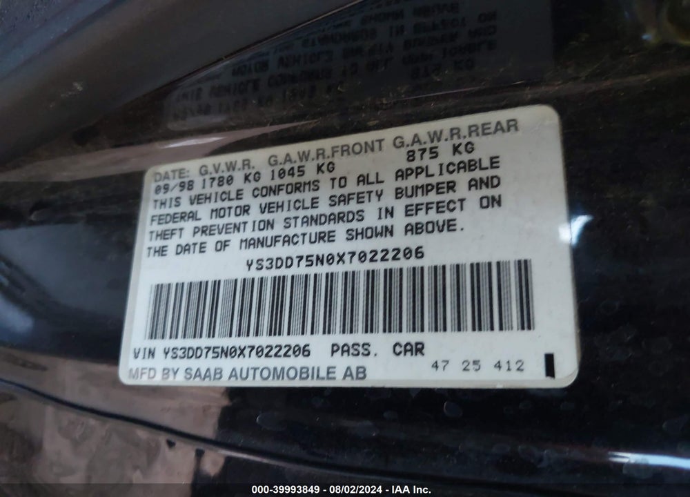 1999 SAAB 9 3 VIN: YS3DD75N0X7022206
