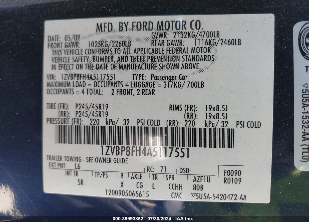 2010 FORD MUSTANG VIN: 1ZVBP8FH4A5117551