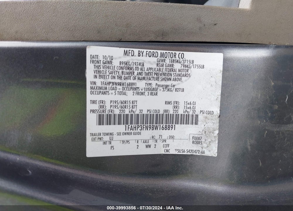 2011 FORD FOCUS SE VIN: 1FAHP3FN9BW168891