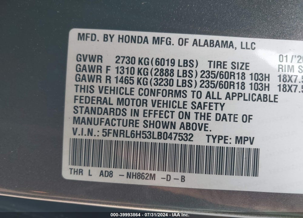 2020 HONDA ODYSSEY EX VIN: 5FNRL6H53LB047532