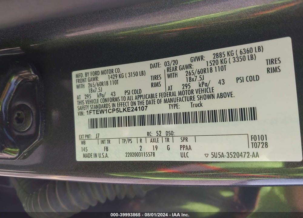 2020 FORD F-150 XLT VIN: 1FTEW1CP5LKE24107