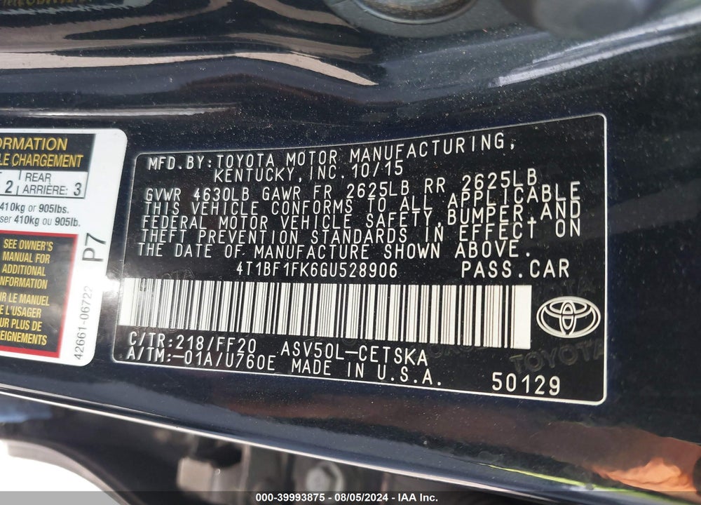 2016 TOYOTA CAMRY SE VIN: 4T1BF1FK6GU528906