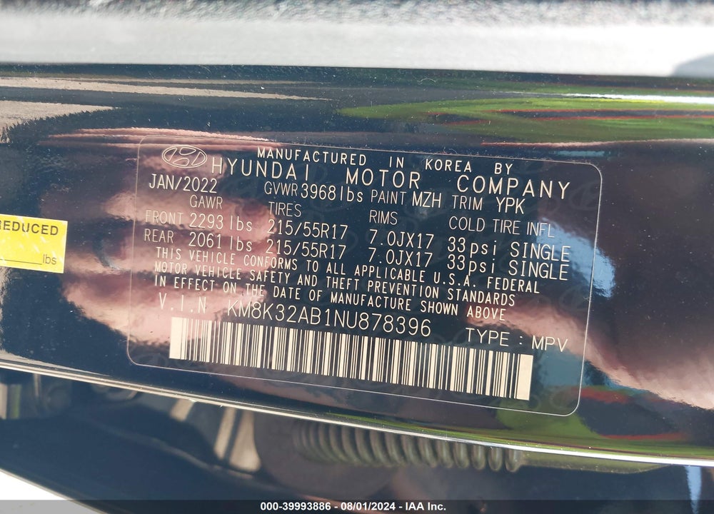 2022 HYUNDAI KONA SEL VIN: KM8K32AB1NU878396