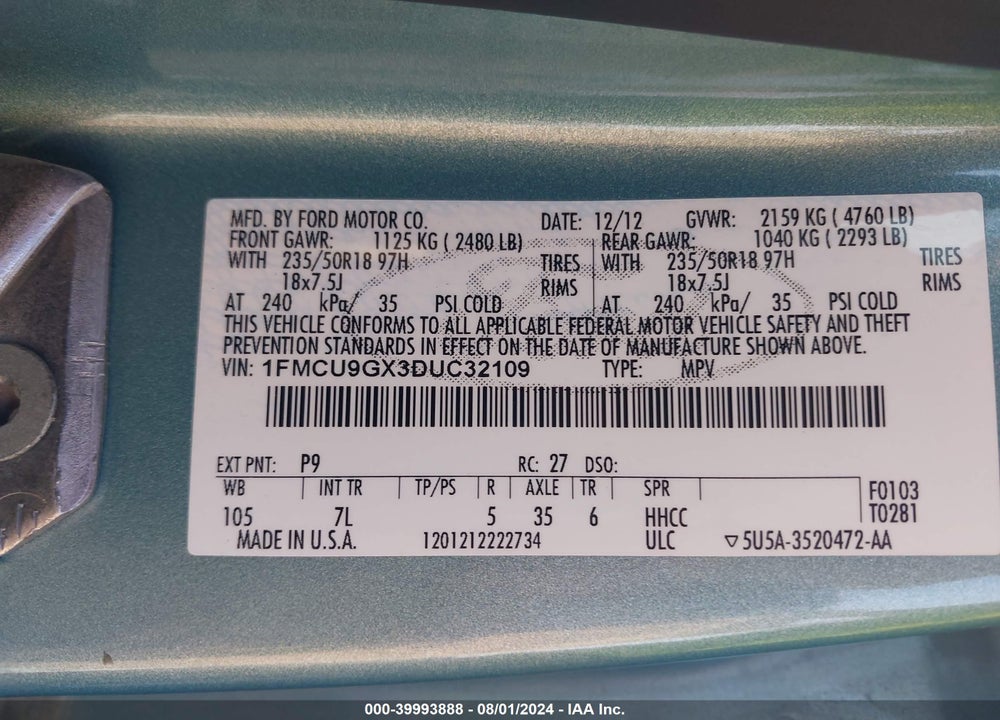 2013 FORD ESCAPE SE VIN: 1FMCU9GX3DUC32109
