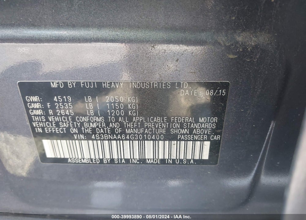 2016 SUBARU LEGACY 2.5I VIN: 4S3BNAA64G3010400