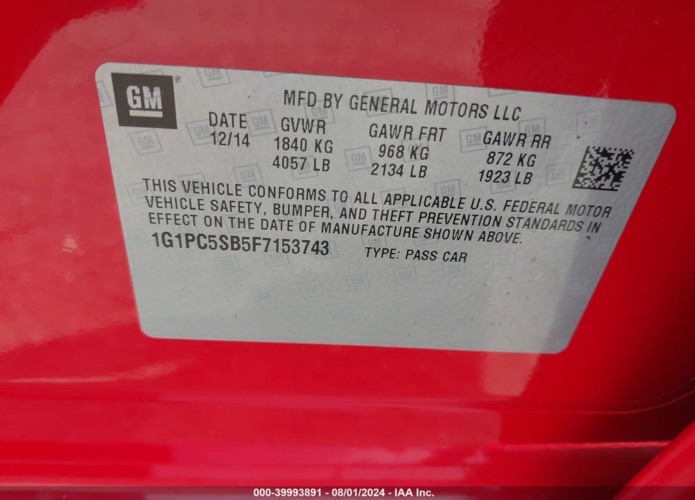 2015 CHEVROLET CRUZE 1LT AUTO VIN: 1G1PC5SB5F7153743