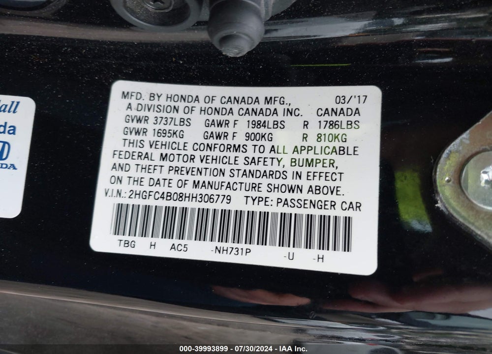 2017 HONDA CIVIC LX-P VIN: 2HGFC4B08HH306779
