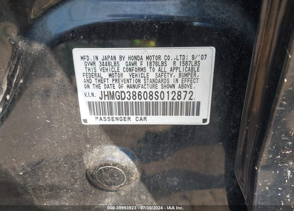 2008 HONDA FIT SPORT VIN: JHMGD38608S012872