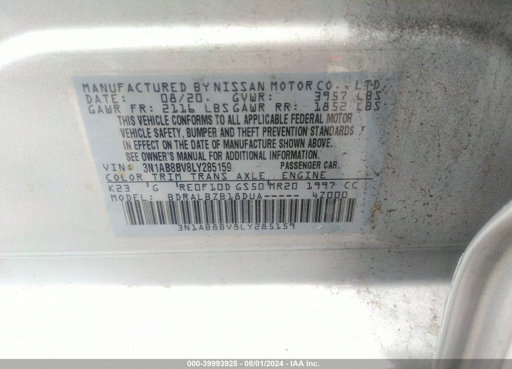 2020 NISSAN SENTRA VIN: 3N1AB8BV8LY285159