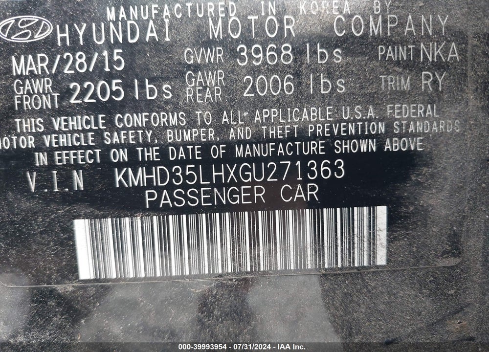 2016 HYUNDAI ELANTRA GT VIN: KMHD35LHXGU271363