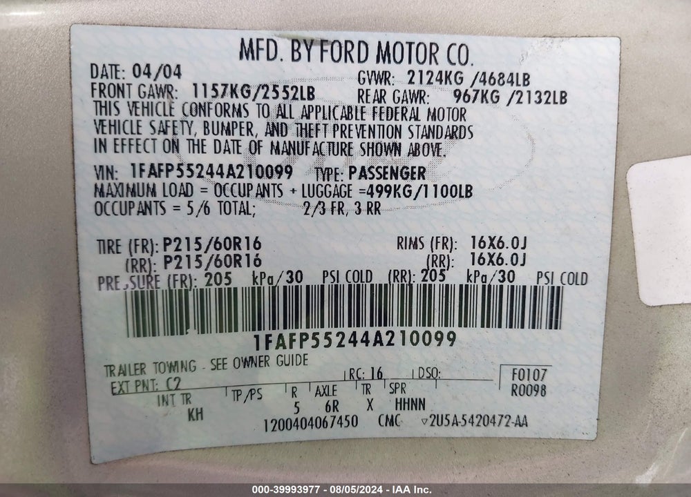 2004 FORD TAURUS SES VIN: 1FAFP55244A210099