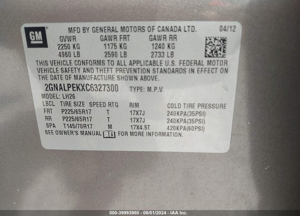 2012 CHEVROLET EQUINOX 2LT VIN: 2GNALPEKXC6327300