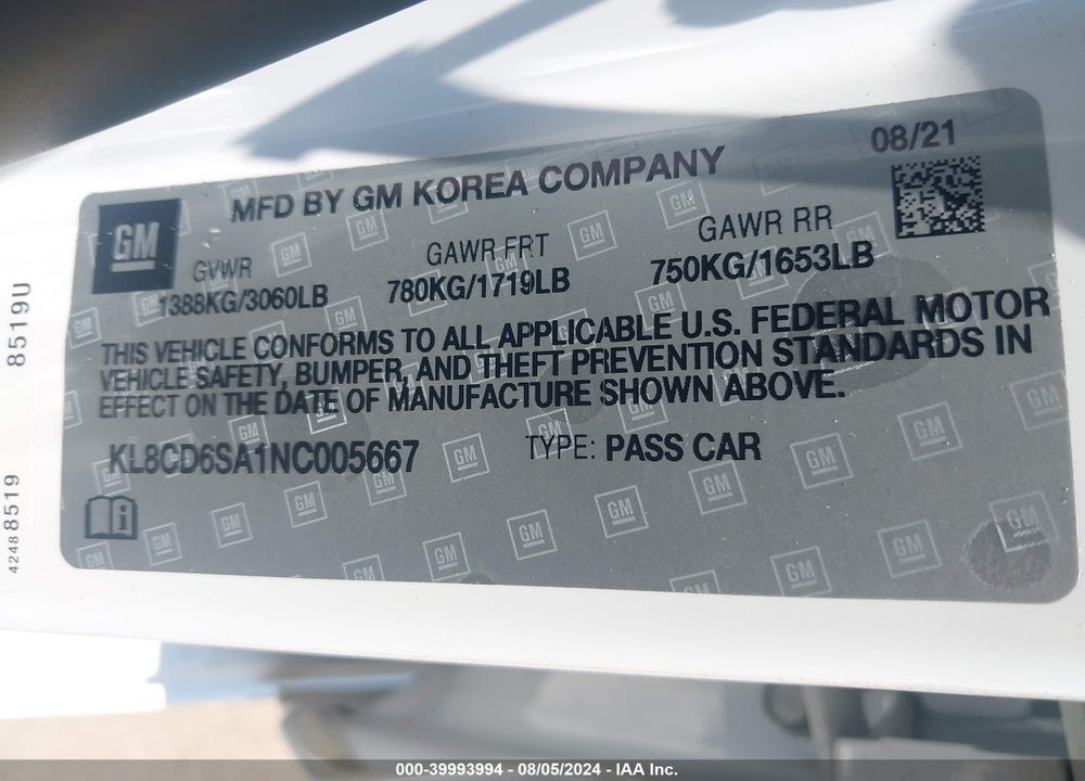 2022 CHEVROLET SPARK VIN: KL8CD6SA1NC005667