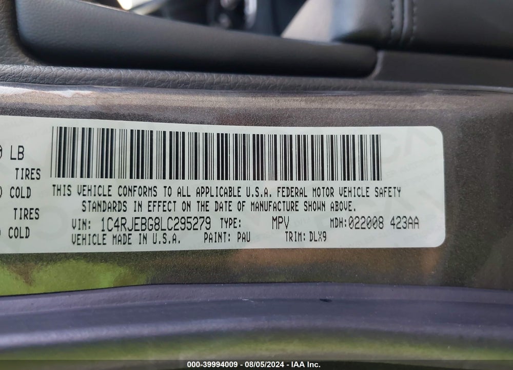 2020 JEEP GRAND CHEROKEE LIMITED 4X2 VIN: 1C4RJEBG8LC295279