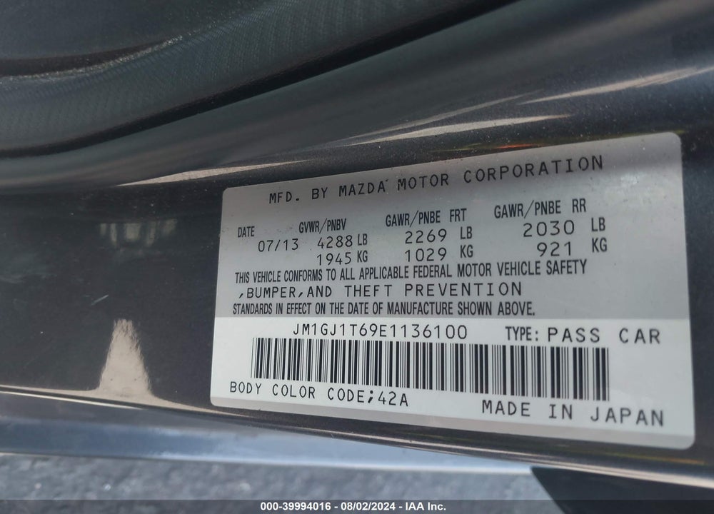2014 MAZDA 6 I TOURING VIN: JM1GJ1T69E1136100