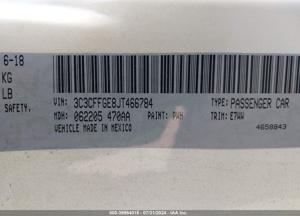 2018 FIAT 500E BATTERY ELECTRIC VIN: 3C3CFFGE8JT466784