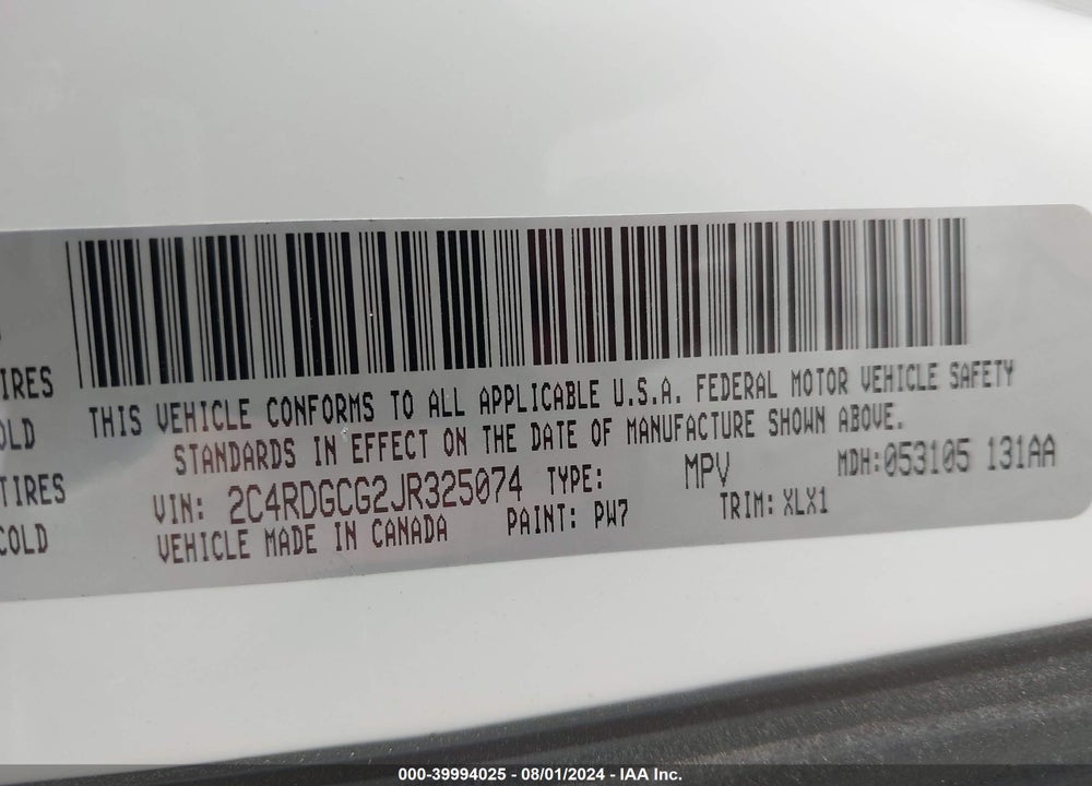 2018 DODGE GRAND CARAVAN SXT VIN: 2C4RDGCG2JR325074
