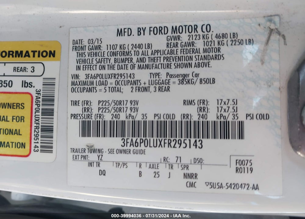 2015 FORD FUSION HYBRID SE VIN: 3FA6P0LUXFR295143