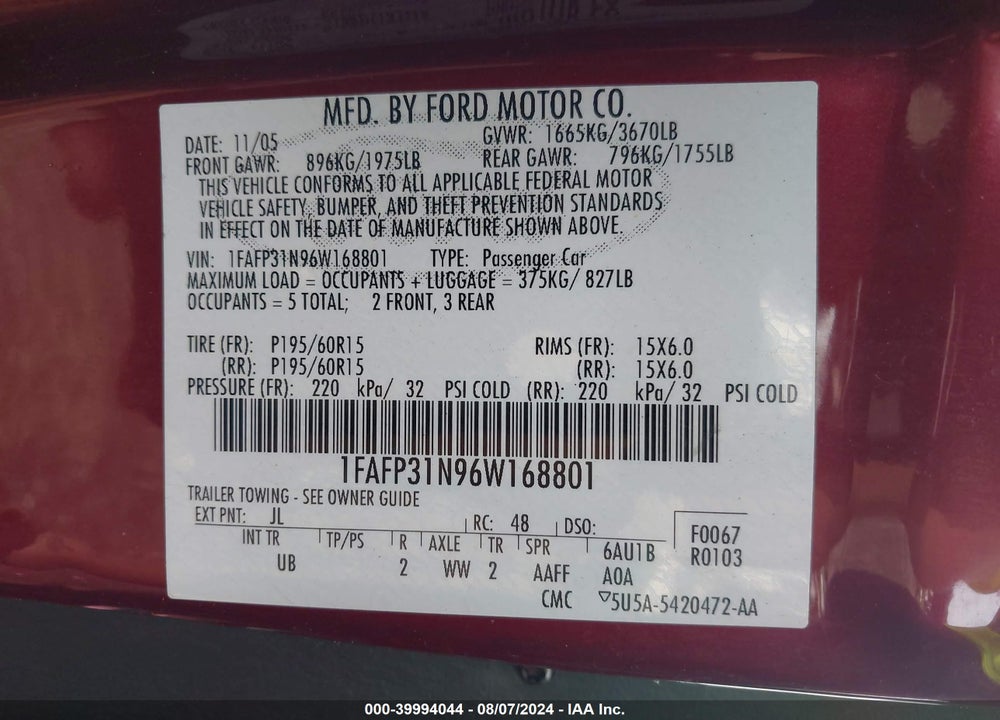 2006 FORD FOCUS ZX3 VIN: 1FAFP31N96W168801