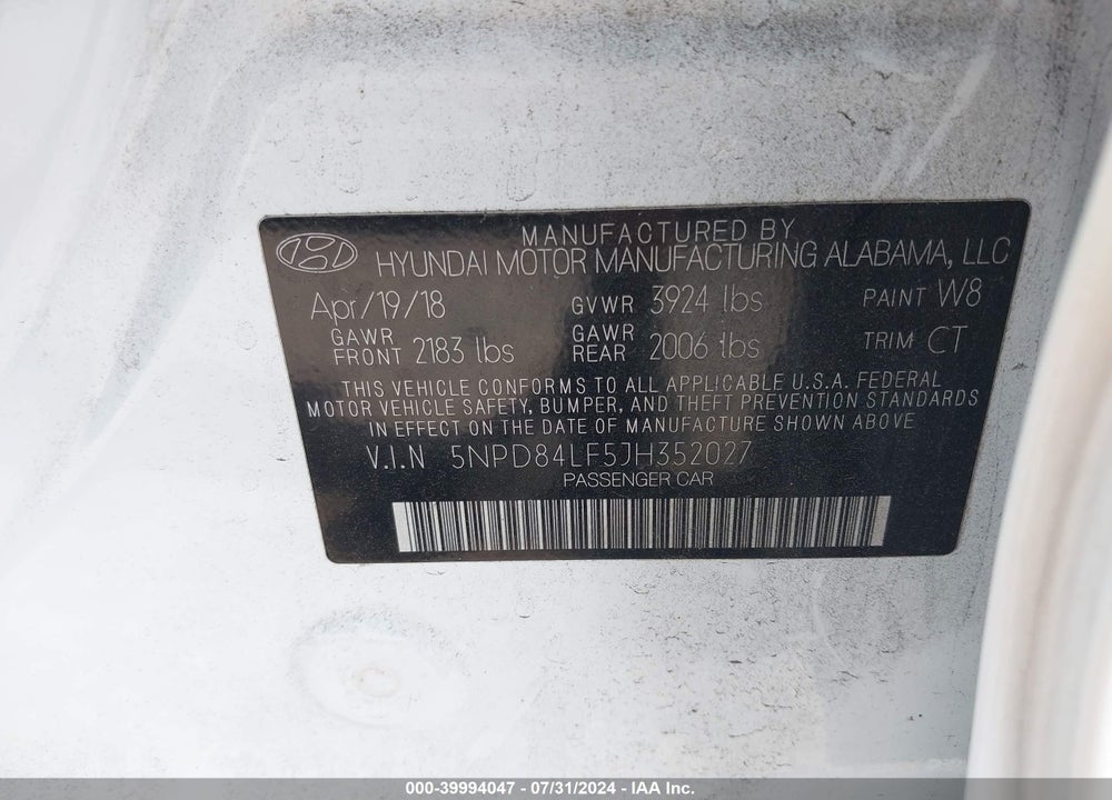 2018 HYUNDAI ELANTRA VALUE EDITION VIN: 5NPD84LF5JH352027