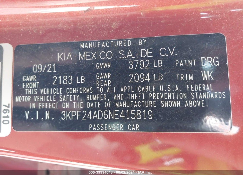 2022 KIA FORTE LXS VIN: 3KPF24AD6NE415819