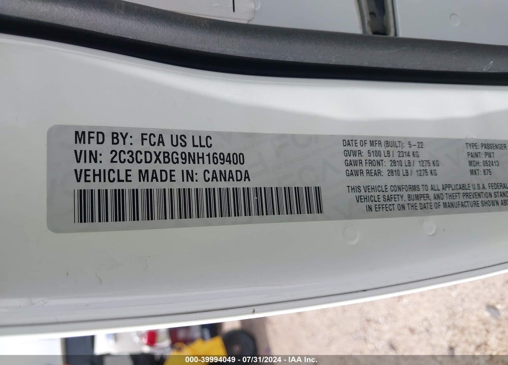 2022 DODGE CHARGER SXT RWD VIN: 2C3CDXBG9NH169400