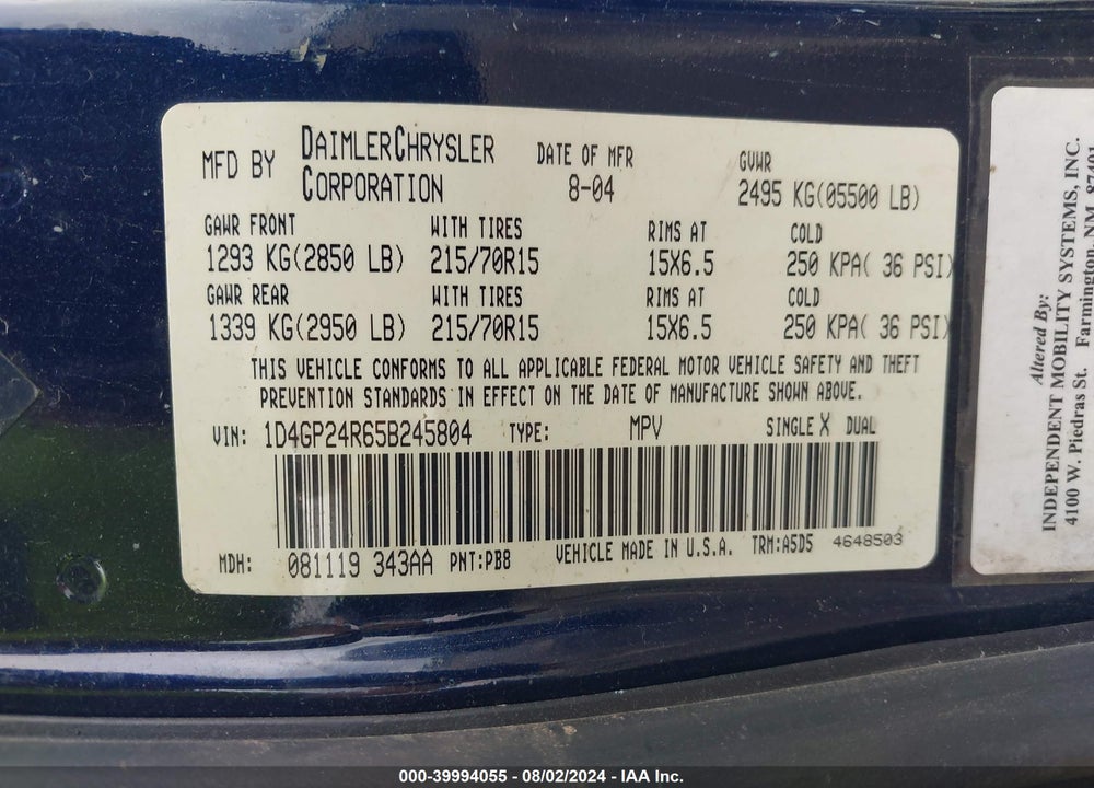 2005 DODGE GRAND CARAVAN SE VIN: 1D4GP24R65B245804
