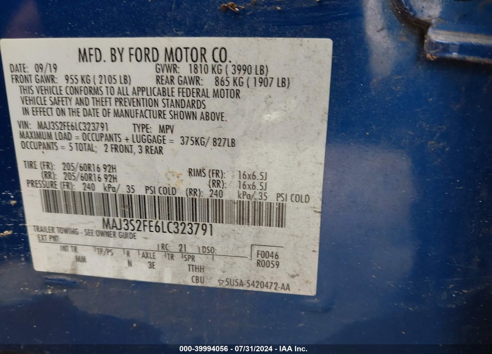 2020 FORD ECOSPORT S VIN: MAJ3S2FE6LC323791